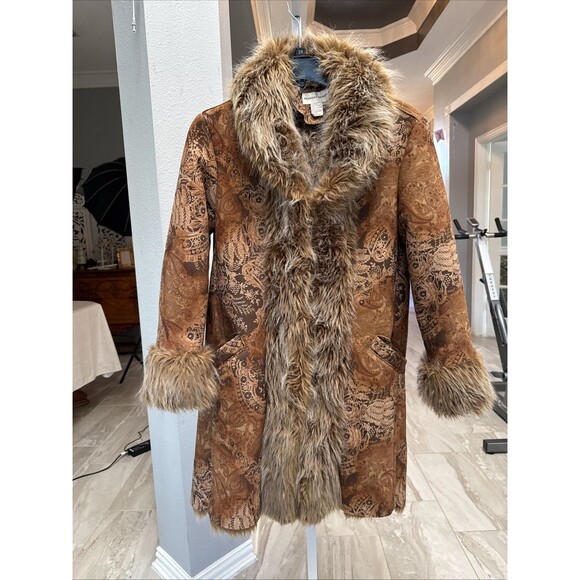*ALTERED* Vtg Newport News Penny Lane Coat Vegan Suede Paisley Size 10 - Picture 1 of 14